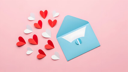 Valentine's day card with red and white hearts on pink background