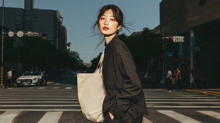 Chic Urban Scene: Stylish Young Woman Crossing City Crosswalk in Black Outfit with Tote Bag and Sneakers on a Sunny Dayfashion