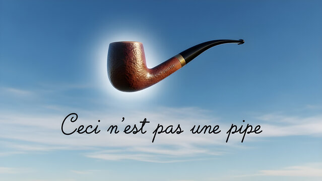 Surrealist concept featuring a realistic tobacco pipe floating in a blue sky with the French text Ceci n'est pas une pipe