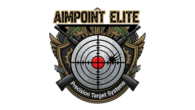 Emblematic graphic design for precision aiming, showcasing a target with a bullseye hit, framed by gears and abstract firearm elements, symbolizing accuracy and skill
