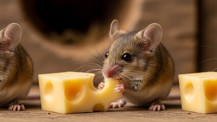 Fototapeta premium Two mice eating cheese on wood.