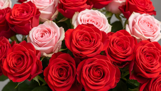 A bouquet of red and pink roses on a neutral background - Powered by Adobe