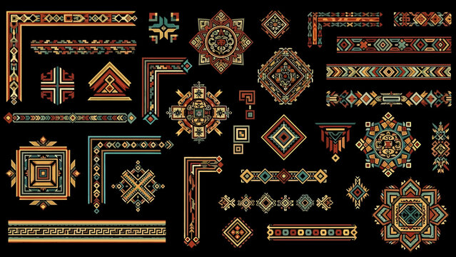 Collection of Ethnic Ornaments and Geometric Decorative Borders in Traditional Colors