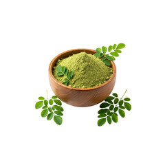 Moringa powder in wooden bowl on Transparent Background