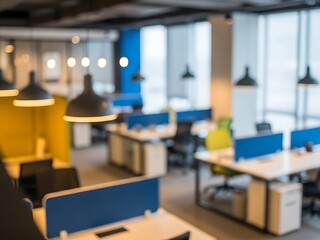 Blurred interior of a modern open plan office with desks chairs and blue and yellow workspace decor