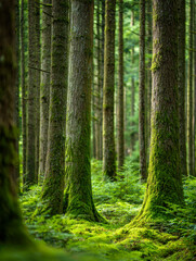 Obraz premium Tranquil green forest scene with tall moss-covered trees and lush vegetation creating a serene and peaceful natural environment in soft sunlight