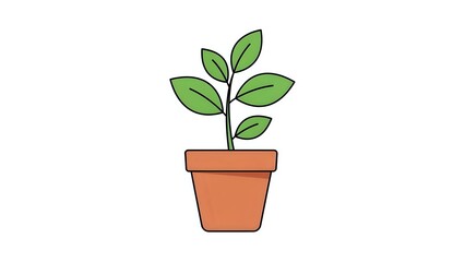 Obraz premium Small green plant growing in terracotta pot on white background. Minimalist line art style perfect for eco-friendly designs and gardening concepts.