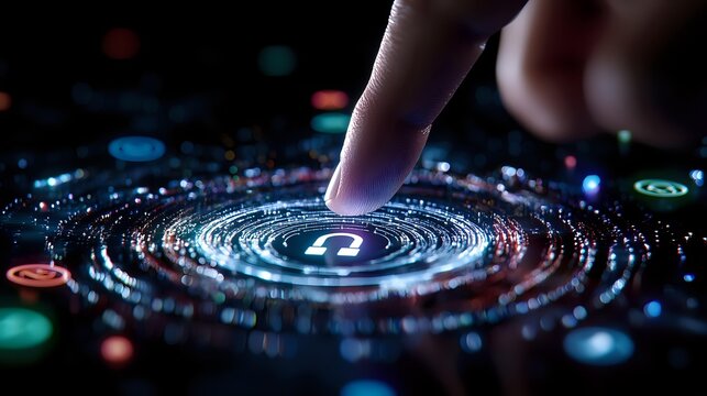 Human finger touching glowing digital spiral interface with data particles and holographic elements on dark background for technology concepts. - Powered by Adobe