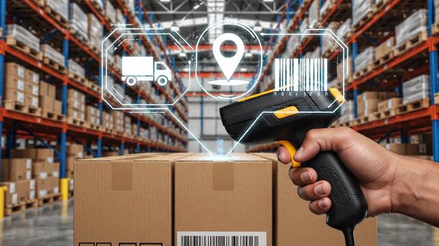 Warehouse scanner tracking package shipment and inventory management - Powered by Adobe