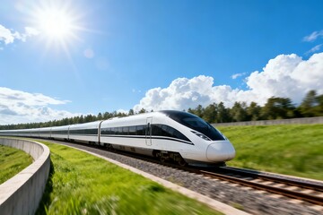 Fototapeta premium Generative AI High-Speed Modern Bullet Train Gliding Through Scenic Landscape Under Bright Sunlight