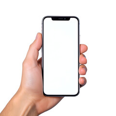 Close-up stock image of a human hand holding a modern smartphone with a pure white blank screen. The mobile phone is isolated on a transparent background in PNG format, clearly showing fingers, thumb 