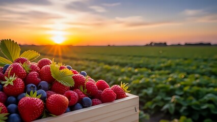 Fresh strawberries and blueberries in wooden crate at sunrise over agricultural field. Organic berry harvest concept for healthy eating and farming.