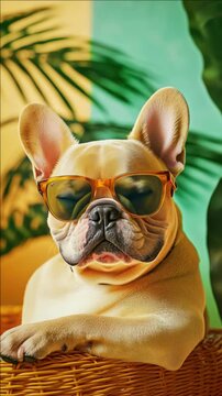 An adorable French Bulldog wearing sunglasses poses for a cute on a sunny day. This puppy accessory adds a touch of humor to the scene.