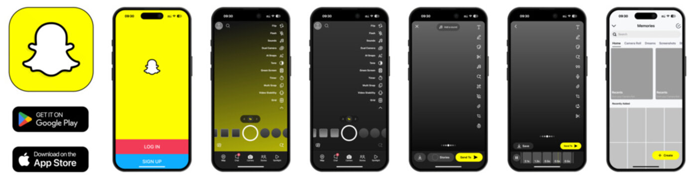 Snapchat UI template 2026 update with iOS 26 liquid glass design, shown on iPhone 17 with Apple Music notifications, modern mobile interface and vector preview.