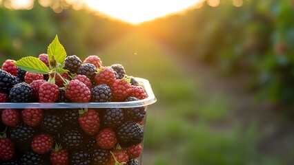 Fresh mixed berries in basket at sunset with warm golden light creating natural organic harvest scene for healthy eating and farm produce concepts.