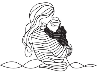 line flat sketch fashion mother and child hugs behind in black striped hoodie