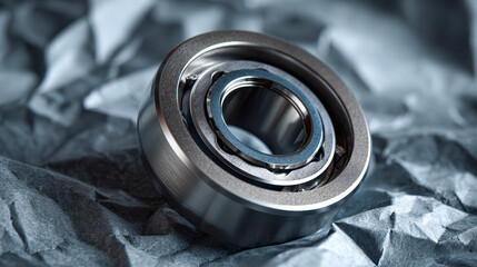 Shiny metallic ball bearing resting on textured crumpled grey paper highlighting industrial design and mechanical precision engineering components