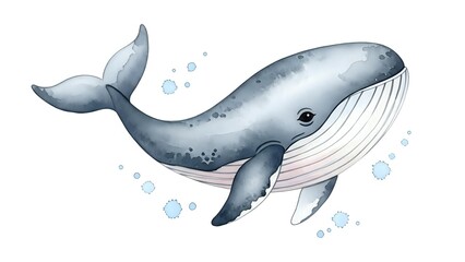Obraz premium Watercolor humpback whale swimming with bubbles isolated on white background for marine life designs and ocean themed projects.