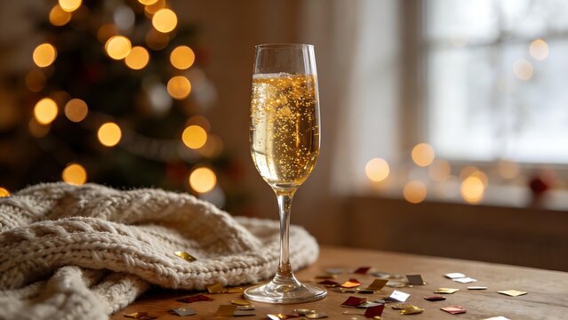 dcf. A champagne flute with golden bubbles on a wooden table beside a cozy blanket and festive confetti. bar promotions, beverage menus, designed for food & beverage menus and cafe branding.