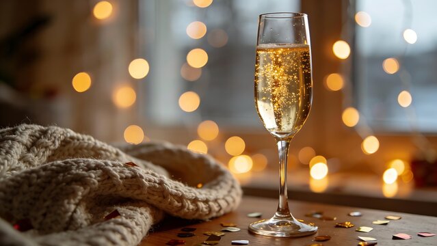 dcf. A champagne flute with golden bubbles on a wooden table beside a cozy blanket and festive confetti. bar promotions, beverage menus, designed for food & beverage menus and cafe branding.