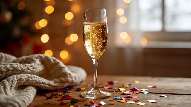 dcf. A champagne flute with golden bubbles on a wooden table beside a cozy blanket and festive confetti. bar promotions, beverage menus, designed for food & beverage menus and cafe branding.