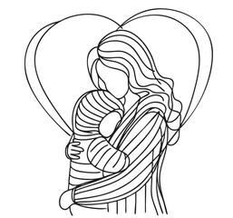 abstract sketch fashion mother and child hugs behind in black striped hoodie