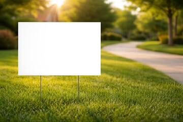 Blank white yard sign on a green lawn for real estate or advertising