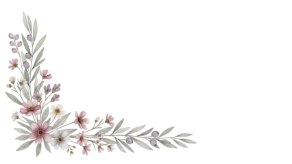 Delicate luxury watercolor corner border with wildflowers and olive branches in soft dusty rose isolated on white background