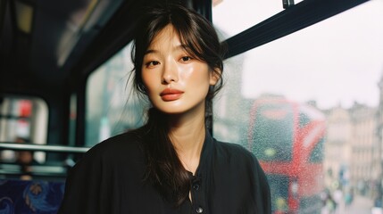 Portrait of a Thoughtful Young Woman Sitting in a Public Transit Bus with City Street Scene Reflected in the Window Behind Her During a Cloudy DayYoung woman