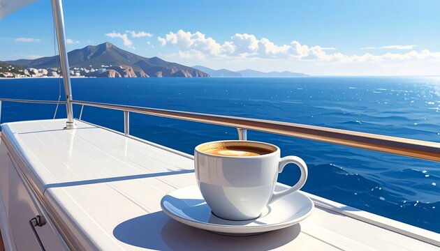 A cup of coffee rests on a boat deck overlooking a vibrant blue sea, mountain in the distance. Clear sunny day