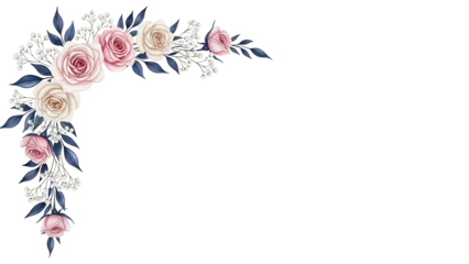 Delicate luxury watercolor corner frame featuring roses and baby's breath in navy and blush isolated on white background