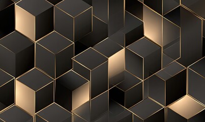Abstract geometric pattern in a black and gold color scheme with cube shapes