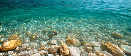 Obraz premium Crystal clear sea water with a transparent bottom and smooth stones conveys the tranquillity of nature, serving as an excellent backdrop for relaxation apps or tourist brochures.
