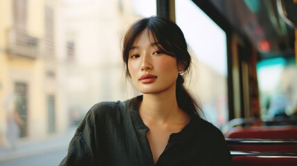 Portrait of a Thoughtful Young Woman Sitting on a Bus with Sunlight Streaming Through the Windows, Creating a Soft and Serene Atmosphere