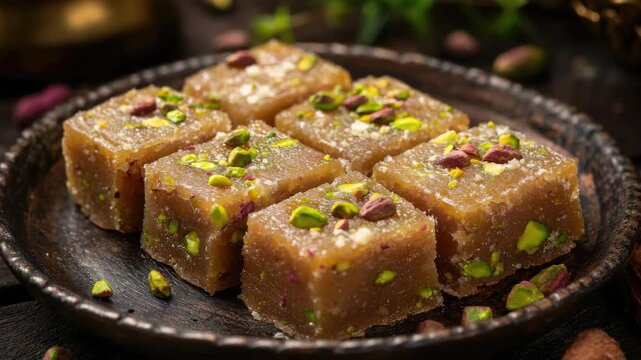 Aromatic Persian dessert with nuts, served on a metal plate.