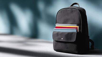 A modern black backpack holds colorful folders, symbolizing education and organization. Against a clean backdrop, it represents preparation and readiness for any endeavor.