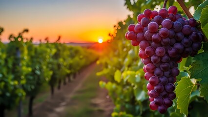 Purple grapes hanging on vine in vineyard at golden sunset with rows of grapevines stretching into distance creating warm agricultural landscape scene.