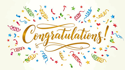 Golden 'Congratulations!' script surrounded by vibrant confetti and colorful streamers, perfect for celebrating achievements, milestones, and special events with a festive and joyful flourish
