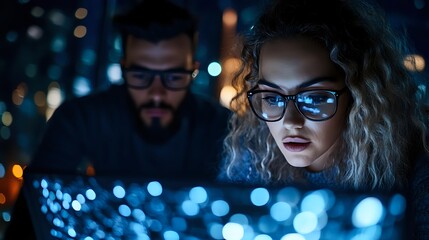 Young blonde woman with glasses and bearded man working together on computer at night with blue screen glow and city lights bokeh background.