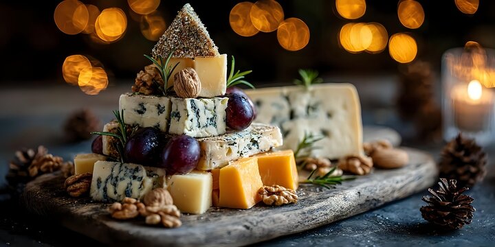 Gourmet cheese platter with blue cheese, aged cheddar and brie arranged on rustic wooden board with walnuts, grapes and pine cones against warm bokeh lights. - Powered by Adobe