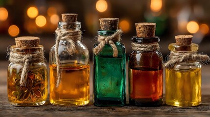 Collection of vintage glass bottles with cork stoppers containing colorful essential oils and herbal extracts on wooden surface with warm bokeh lights.