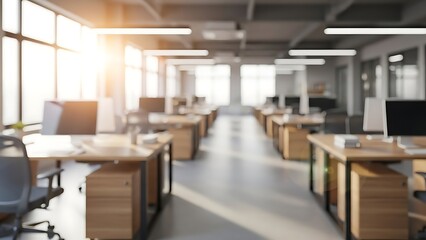 Sunny Blurred Open Plan Office Workspace with Bright Sunlight from Windows and Desks