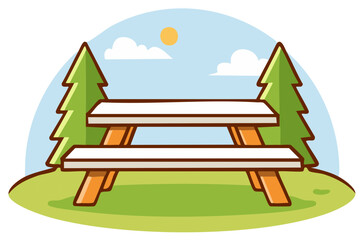 Fototapeta premium Cartoon illustration of an empty wooden picnic table in a park on a sunny day