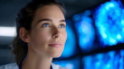 Young female scientist analyzing brain scans on monitors in modern medical laboratory. Healthcare professional studying neurological data for research.