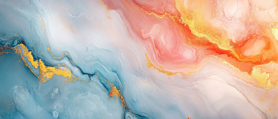 Wavy transitions of blue, gold and orange shades create a dynamic artistic pattern, ideal for an atmospheric background in interior design or printing.