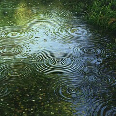 Concentric water ripples from falling rain natural green surface background
