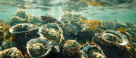 The underwater world with molluscs among algae demonstrates the richness of marine fauna — an excellent natural backdrop for scientific articles or projects on ocean conservation.