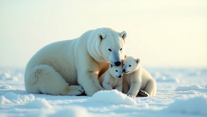 A mother polar bear and her cub snuggle together on a snowy landscape under a soft, white sky