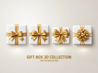 Collection of 3d gift boxes with gold bows on white