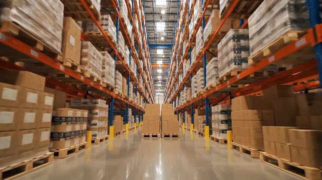 Warehouse storage rows with packages and pallets ready for distribution